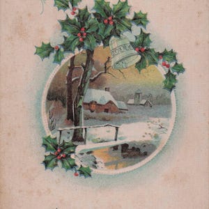 Que toutes les joies de Noël soient vôtres – Carte postale ancienne avec scène de village enneigé et cloches