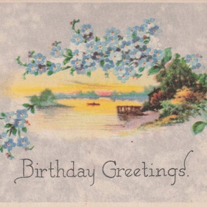 Geburtstag: Antike Geburtstagspostkarte – Sonnenuntergang am See mit Vergissmeinnicht – "Birthday Greetings" – Serien Nr. 9170/6 (USA)