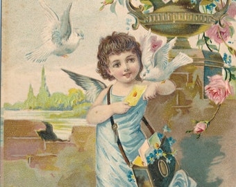 Saint-Valentin : carte postale ancienne de la Saint-Valentin avec un charmant chérubin délivrant des mots d'amour avec deux colombes blanches pour une entreprise vers le début des années 1900.