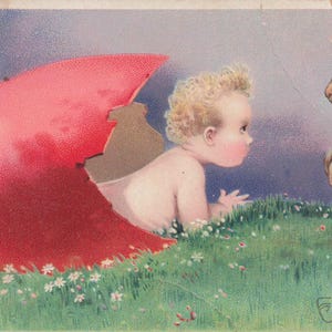 Ostern: Antike Osterpostkarte 1917 – Baby schlüpft aus rotem Ei mit Kaninchen – "A Happy Easter" – Verschickt nach Birchardville, PA