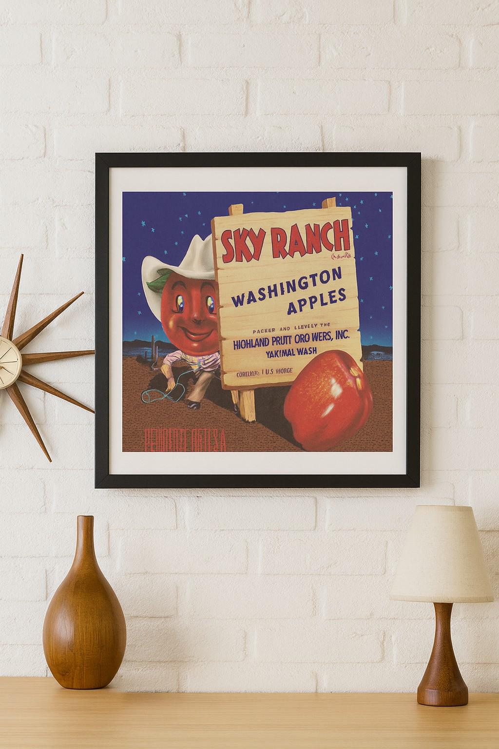 Antique Fruit Crate Label: Sky Ranch Washington Apples, Circa