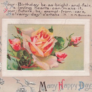 Beste Grüße: Antike 1910 geprägte Geburtstagspostkarte – Rosenstrauß & H.M. Burnside Poem – “Many Happy Days” Sent to Indiana