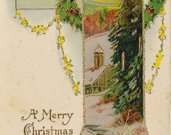 Noël : Carte postale de Noël ancienne en relief Holly & Greetings de 1911 - Cartes pour les fêtes vintage à collectionner