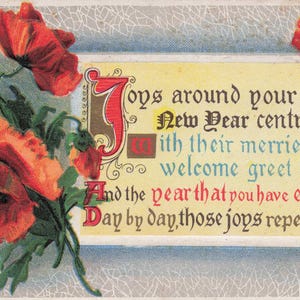 Carte Postale Ancienne des Années 1910 – Carte de Nouvel An avec Coquelicots & Calligraphie