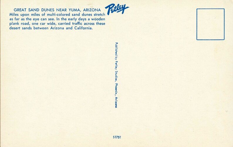 Vintage Arizona Postcard of Great Sand Dunes Near Yuma Arizona Between Arizona and California Arizona This Postcard is Circa the 1950/'s.