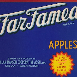Washington: Antique Fruit Crate Label Far Famed Brand Washington Apples by Chelan-Manson Co-op in Chelan, Washington Circa the 1920&#39;s.