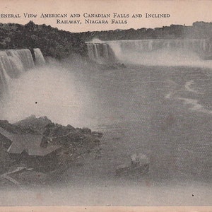 Nova York: Cartão postal antigo das Cataratas do Niágara - Vista geral das Cataratas Americanas e Canadenses com ferrovia inclinada, por volta do início dos anos 1900