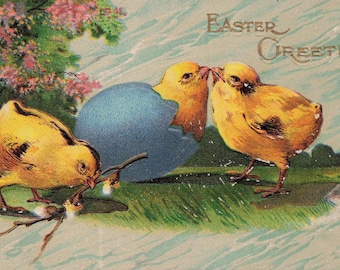 Antique Easter Greeting Postcard | Adorable Chicks Hatching from Blue Egg
