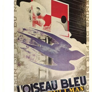 Mundo: Cartaz de viagem vintage de 1929 "L'Oiseau Bleu – Train Pullman" – Publicidade ferroviária Art Déco