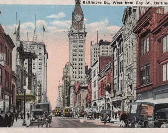 Maryland: Antique 1924 Baltimore Postcard – Baltimore Street from Gay Street – Charm City in Its Golden Age!