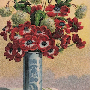 Carte postale florale antique – Bouquet vibrant rouge et blanc dans un vase bleu (Fabriqué en Allemagne)