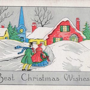 Natale: Antica cartolina di Natale degli anni '20 - Scena di un villaggio innevato colorato e coppia vittoriana
