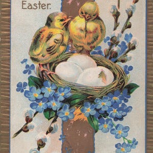 Pasqua: cartolina di Pasqua antica e colorata in rilievo - Pulcini allegri con nido e non-ti-scordar-di-me (primi anni del 1900)