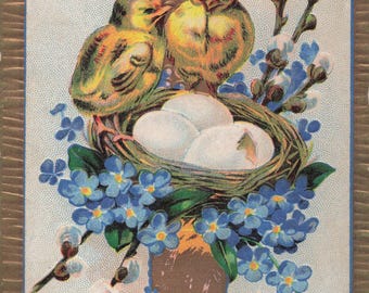 Colorful Antique Embossed Easter Postcard - Joyful Chicks with Nest and Forget-Me-Nots (Early 1900s)