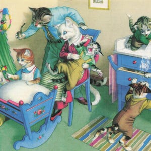 Novedad: Postal vintage de gato de Alfred Mainzer – Eugene Hartung Nursery Chaos – Gatos antropomórficos en un caos travieso