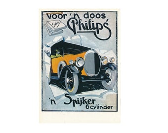 Monde : affiche automobile vintage des années 1920 - Publicité classique pour une voiture 6 cylindres Philips - Pièce de collection Art déco emblématique