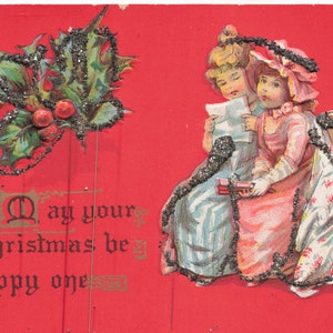 Natale: Antica cartolina natalizia vittoriana - decorata con glitter - "Che il tuo Natale sia felice"