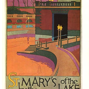 Vintage "St. Mary's of the Lake" Plakat | North Shore Line Eisenbahn | 1926 Art Deco Poster | Historische Landschaft von Chicago