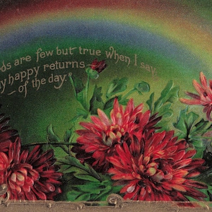 Antike Geprägte Geburtstags-Postkarte – Jugendstil-Blumen & Regenbogen