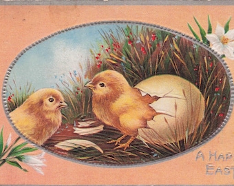 Antique 1913 Happy Easter Postcard | Baby Chicks Hatching from Egg