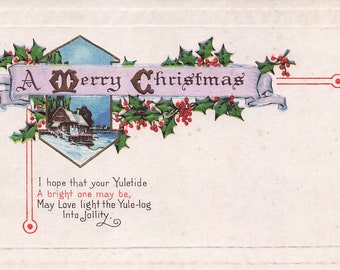 Antique Embossed Christmas Postcard: Snowy Village, Holly, Early 20th Century