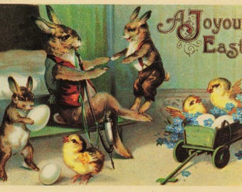 Joyous Easter Antique Postcard – Charming Bunny Family, Chicks, Easter Eggs