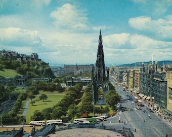 World: Vintage Edinburgh Postcard - Classic 1960s Princes Street View with Scott Monument, Collectible Scottish Landscape Postcard