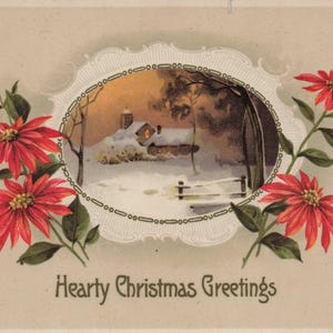 Natale: Cartolina di Natale antica - "Auguri di Natale calorosi" - Scena invernale di un cottage innevato con stelle di Natale - Effimere natalizie del 1900