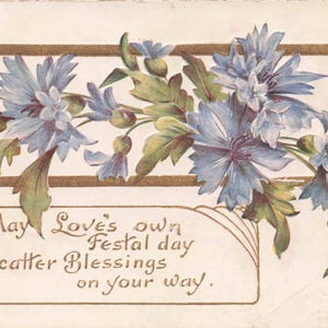 Antike Postkarte "Möge die Liebe dir Segen bringen" - Frühes 20. Jahrhundert, geprägte Blumen-Grußkarte