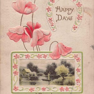 Carte postale ancienne "Happy Days" – Fer à cheval porte-bonheur & doux pois de senteur