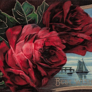 Antike "Best Wishes" Postkarte – Rote Rosen & Küstenlandschaft!