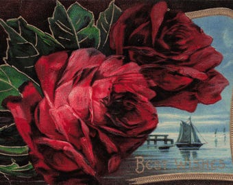 Antike "Best Wishes" Postkarte – Rote Rosen & Küstenlandschaft!