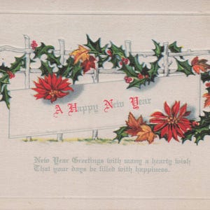 Capodanno: Antica cartolina di Capodanno – 1922 Agrifoglio e Stelle di Natale in rilievo
