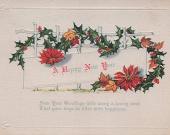 Antique 1922 New Year Postcard: Embossed Holly and Poinsettias