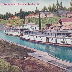 Oregon : carte postale ancienne représentant des bateaux à vapeur du fleuve Columbia dans les écluses de la Cascade, dans l'Oregon. Cette carte postale de l'Oregon date du début des années 1900.