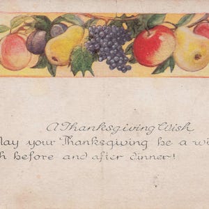 Ação de Graças: Cartão postal antigo e charmoso de Ação de Graças com design de frutas coloridas – "Um desejo de Ação de Graças" – Carimbado em 1921