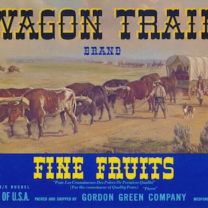 Oregon: Antique Fruit Crate Label Wagon Train Brand Pears from Gordon Green Company in Medford Oregon Circa 1921.