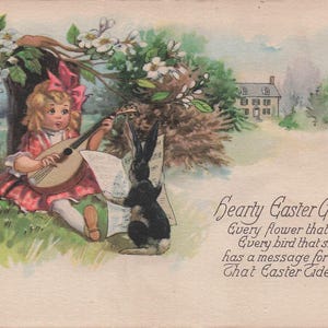 Carte Postale Ancienne "Salutations Chaleureuses de Pâques" avec Fille Jouant du Luth & Lapin - Série 300 - Début 1900