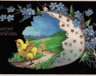 Antique German Easter Postcard – Chicks, Forget-Me-Nots, Ornate Egg, Embossed Gold Accents