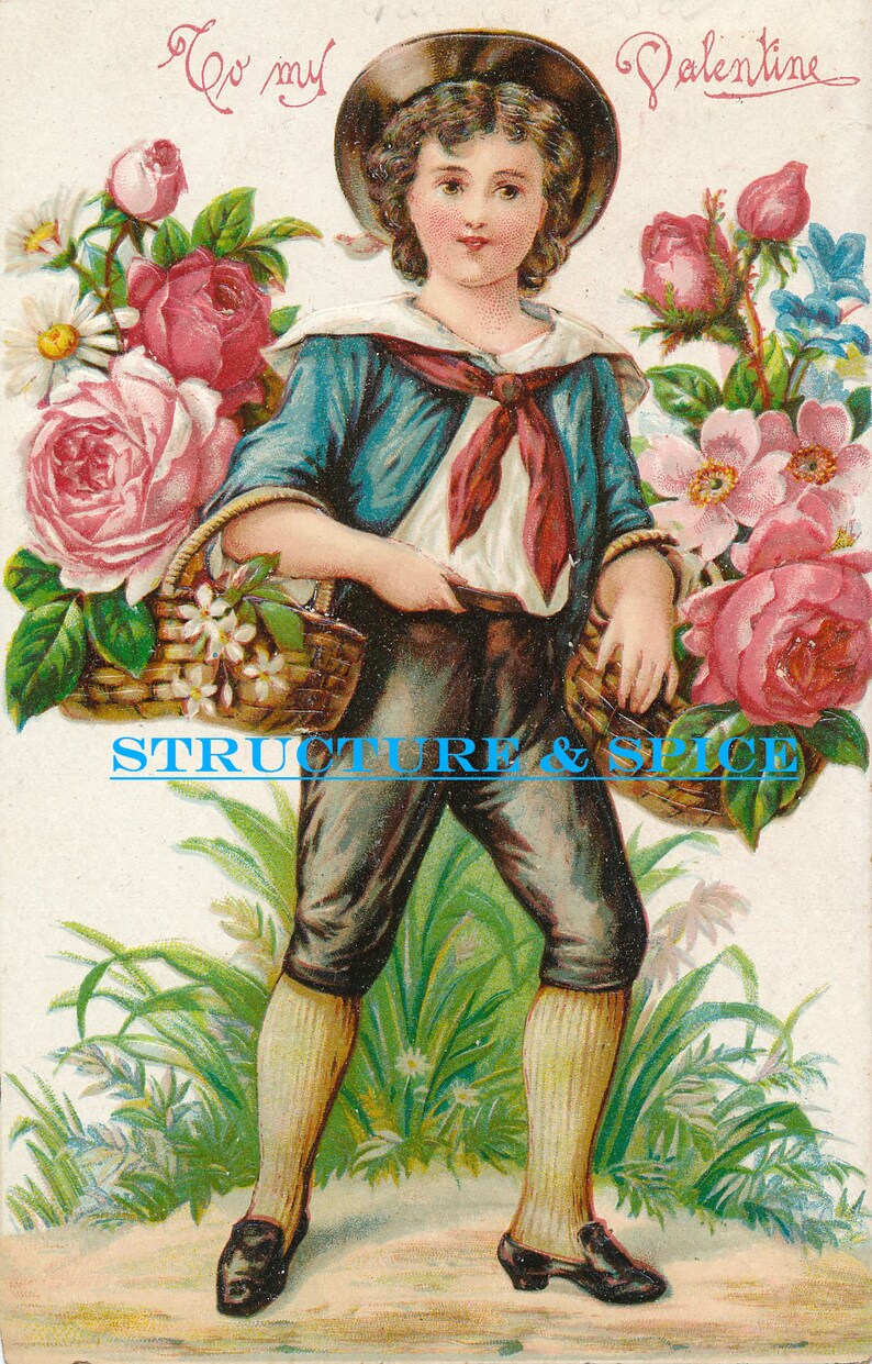 Antique Edwardian To My Valentine Postcard With Charming Young Boy Delivering Baskets of Roses This card is Circa 1909.