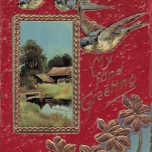 Antike Postkarte von 1910 – “My Fond Greeting” – Schwalben & Goldprägung
