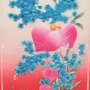 Saint-Valentin : ancienne carte postale allemande de la Saint-Valentin - Coeur rose et fleurs bleues en relief - Début du XXe siècle