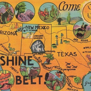 Texas: cartolina d'epoca "Sunshine Belt" - mappa turistica del sud-ovest degli Stati Uniti di metà secolo - cartolina da collezione