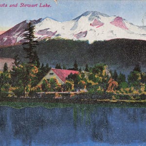 California: 1948 Mt. Shasta & Stewart Lake Vintage Postcard – Snowy Peaks and Serene Reflections!
