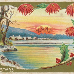 "Weihnachten: Antike ""A Merry Christmas"" Postkarte mit Blumen- und Landschaftsdesign, um 1900"