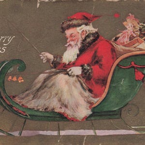 Natale: adorabile cartolina natalizia vittoriana antica - Babbo Natale su una slitta verde - "Un buon Natale" - oggetto da collezione natalizio dei primi anni del 1900