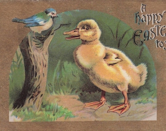 Antique Easter Postcard – "A Happy Easter to You" Duckling & Bluebird