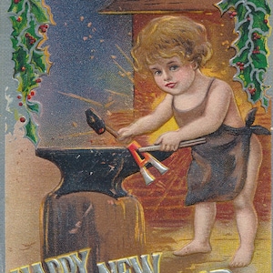 Capodanno: incantevole cartolina d'epoca "Felice Anno Nuovo" con illustrazione di un bambino fabbro, inizio Novecento circa