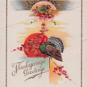 Carte postale de Thanksgiving vintage de 1917 avec dinde et coucher de soleil | "Thanksgiving Greetings"