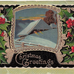 Natale: cartolina di Natale d'epoca circa 1913 - Ponti innevati e design di agrifoglio